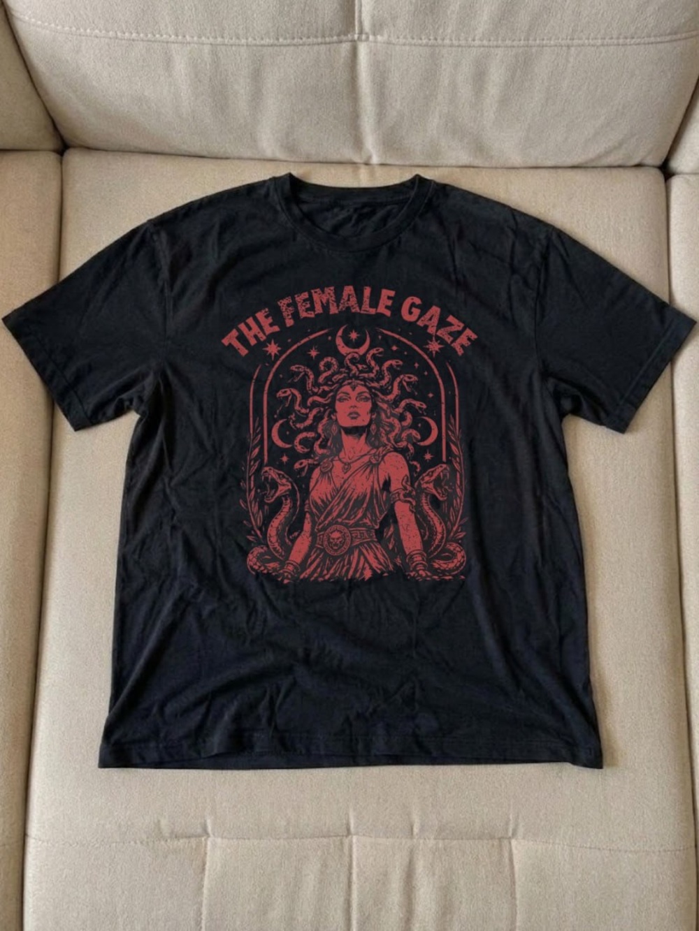 Black Graphic Tee with Red 'The Female Gaze' Print - Men
